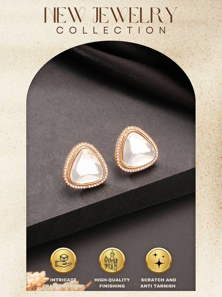 Gold Plated Uncut Mossanite Polki Statement Big Triangle  Studds Earrings : SJER2847