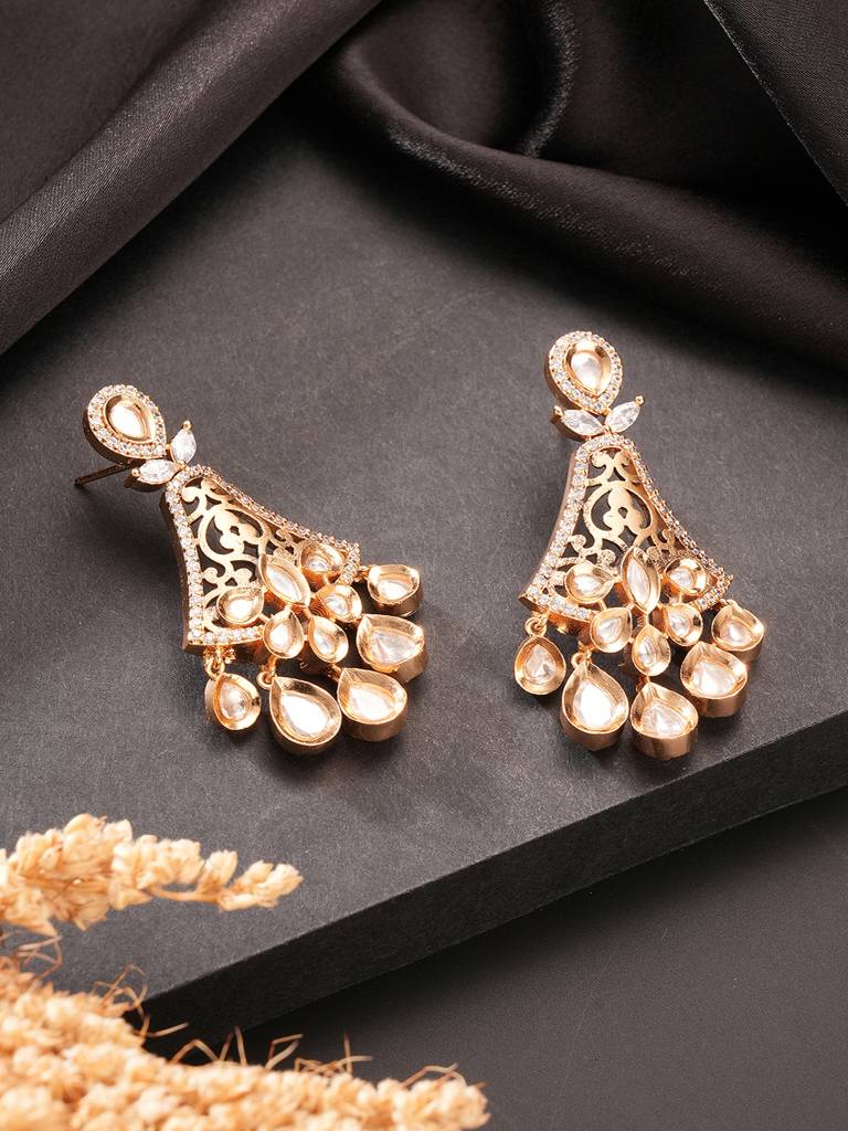 Gold Plated Kundan Polki Studded Designer Chandbali Statement Earrings : SJER2851
