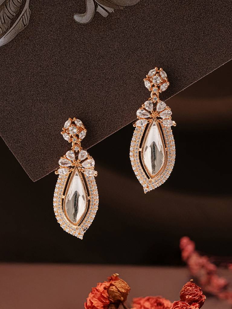 Eternz Certified Jewellery - Saraf RS Jewellery Gold Plated Uncut Polki Mossanite Dropdown Minimal Earrings