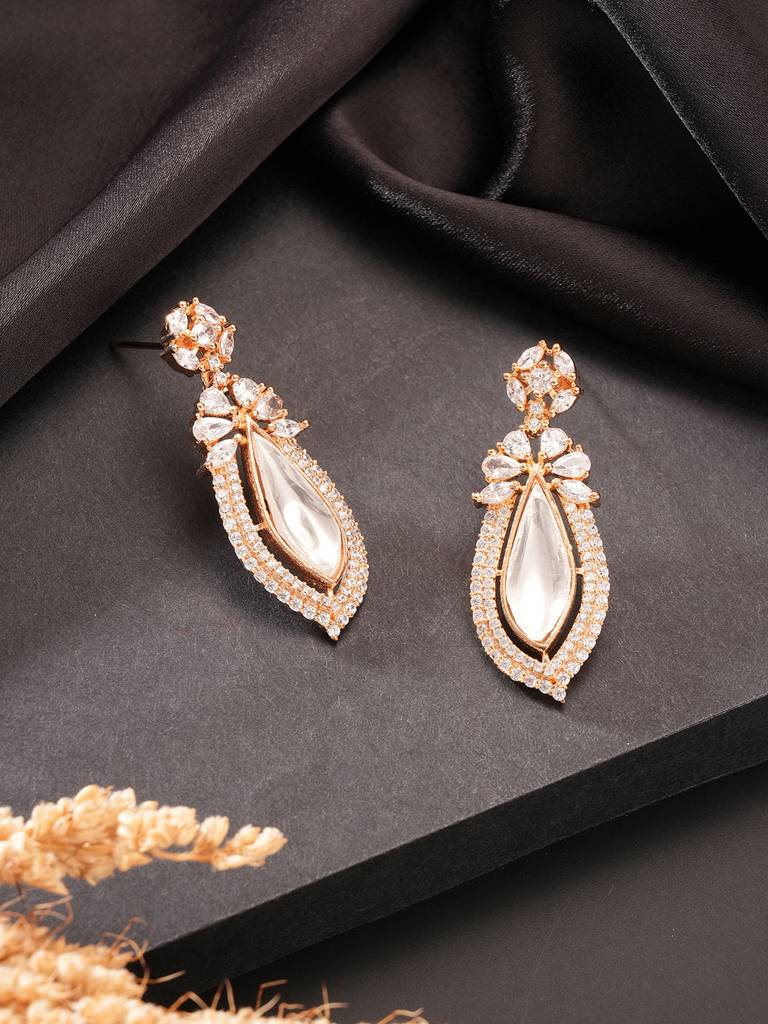Gold Plated Uncut Polki Mossanite Dropdown Minimal Earrings : SJER2855