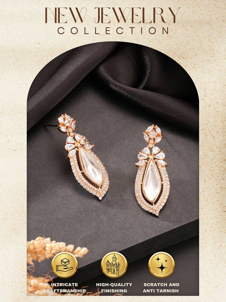 Gold Plated Uncut Polki Mossanite Dropdown Minimal Earrings : SJER2855