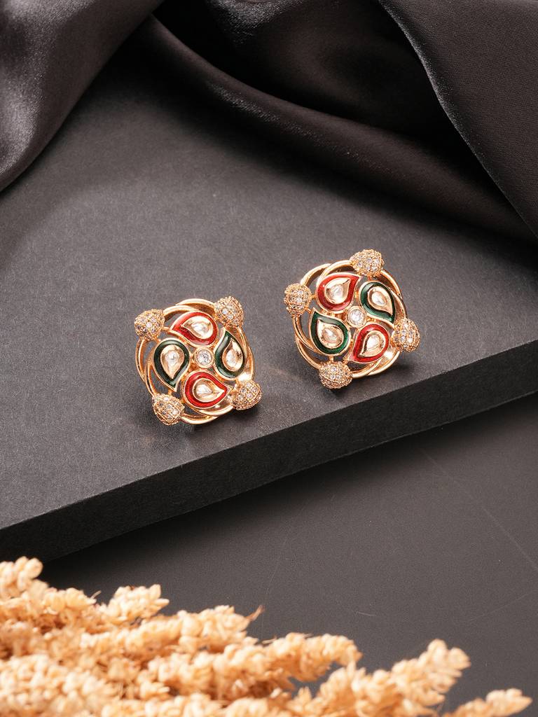 Gold Plated Uncut Mossanite Kundan Studded Mango Design Minimal  Studds Earrings : SJER2856