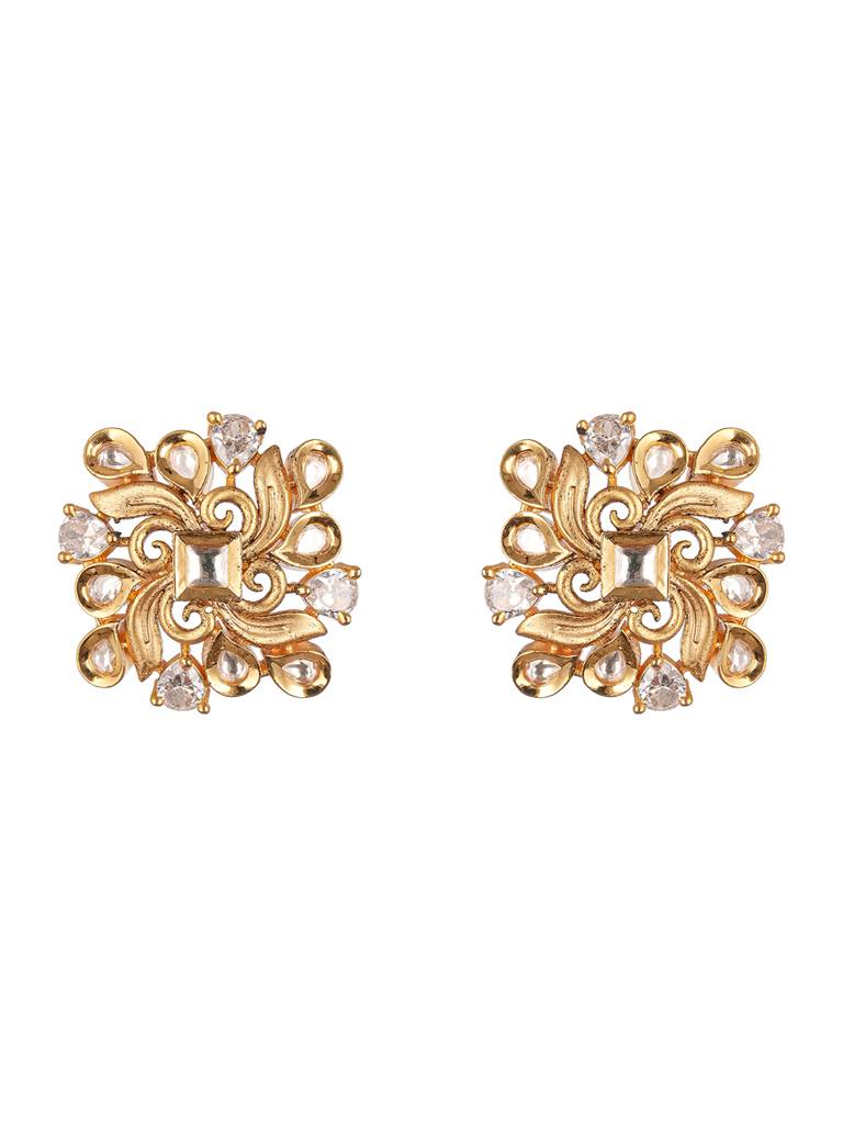 Gold Plated Kundan Studded Floral Designer Dailywear Studds Earrings : SJER2857