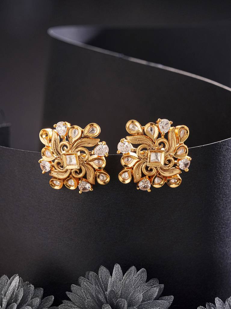 Gold Plated Kundan Studded Floral Designer Dailywear Studds Earrings : SJER2857