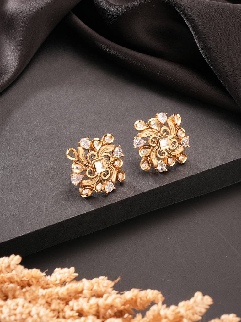 Gold Plated Kundan Studded Floral Designer Dailywear Studds Earrings  Brass Gold