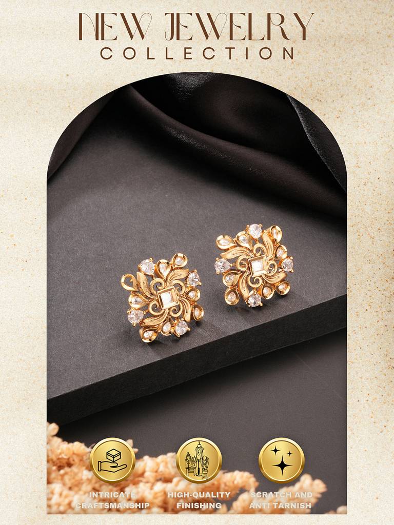 Gold Plated Kundan Studded Floral Designer Dailywear Studds Earrings : SJER2857