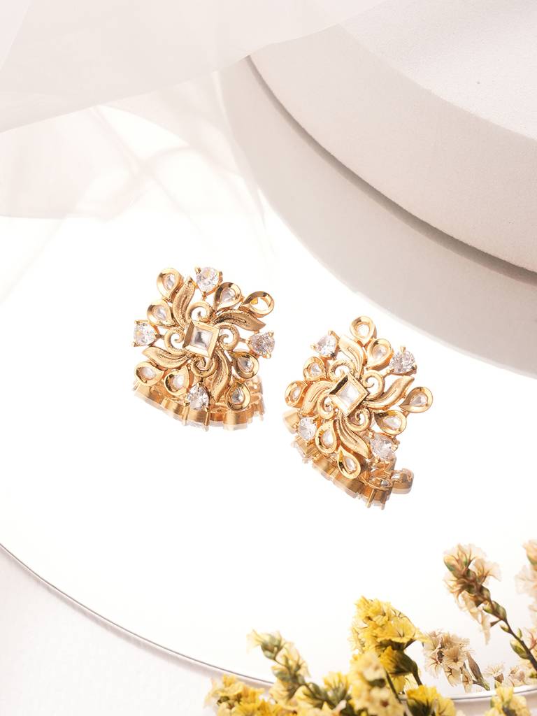 Gold Plated Kundan Studded Floral Designer Dailywear Studds Earrings : SJER2857