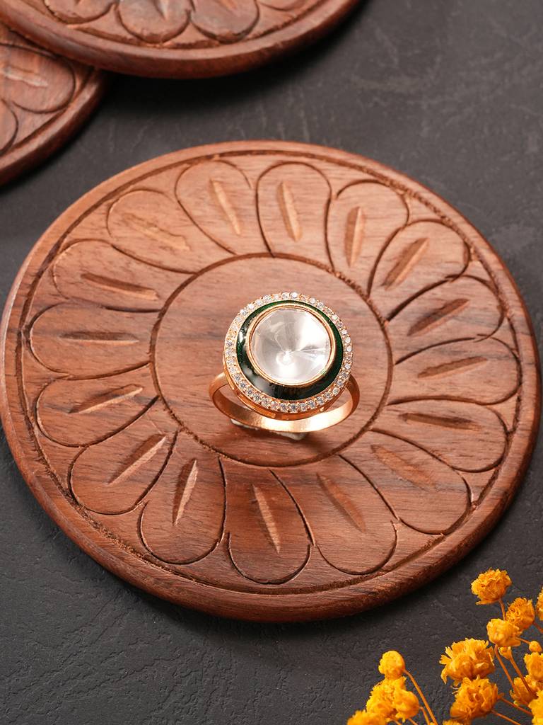 Gold Plated Incut Kundan Mossanite Studded Minimal Bridal Adjustable Handcrafted Finger Rings : SJRG2858