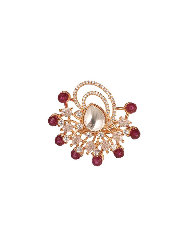 Gold Plated Kundan Red Beads Studded Floral Adjustable Cocktail Finger Ring : SJRG2859