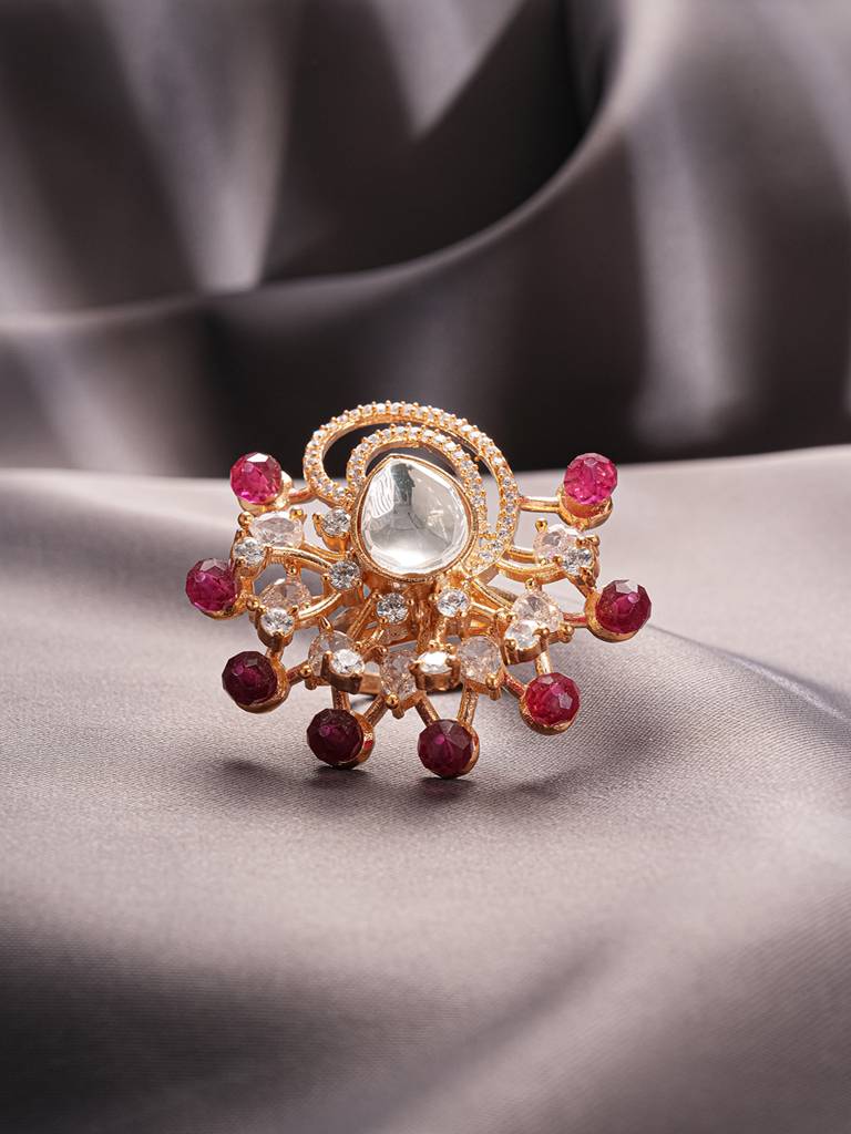 Gold Plated Kundan Red Beads Studded Floral Adjustable Cocktail Finger Ring : SJRG2859