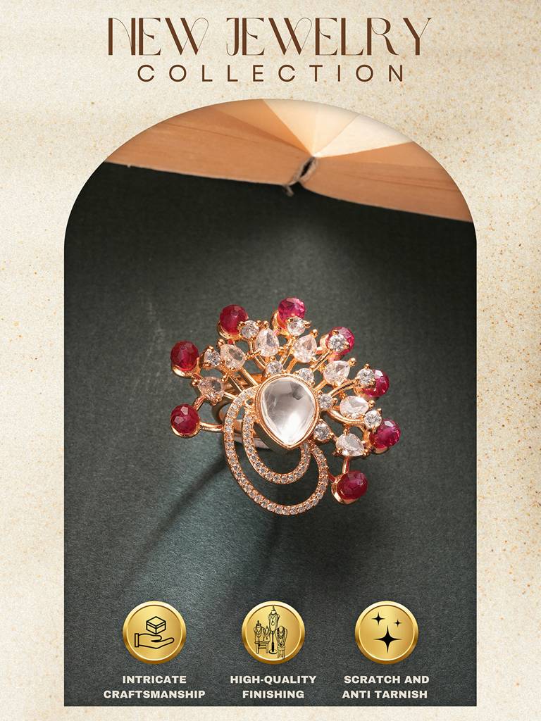 Gold Plated Kundan Red Beads Studded Floral Adjustable Cocktail Finger Ring : SJRG2859