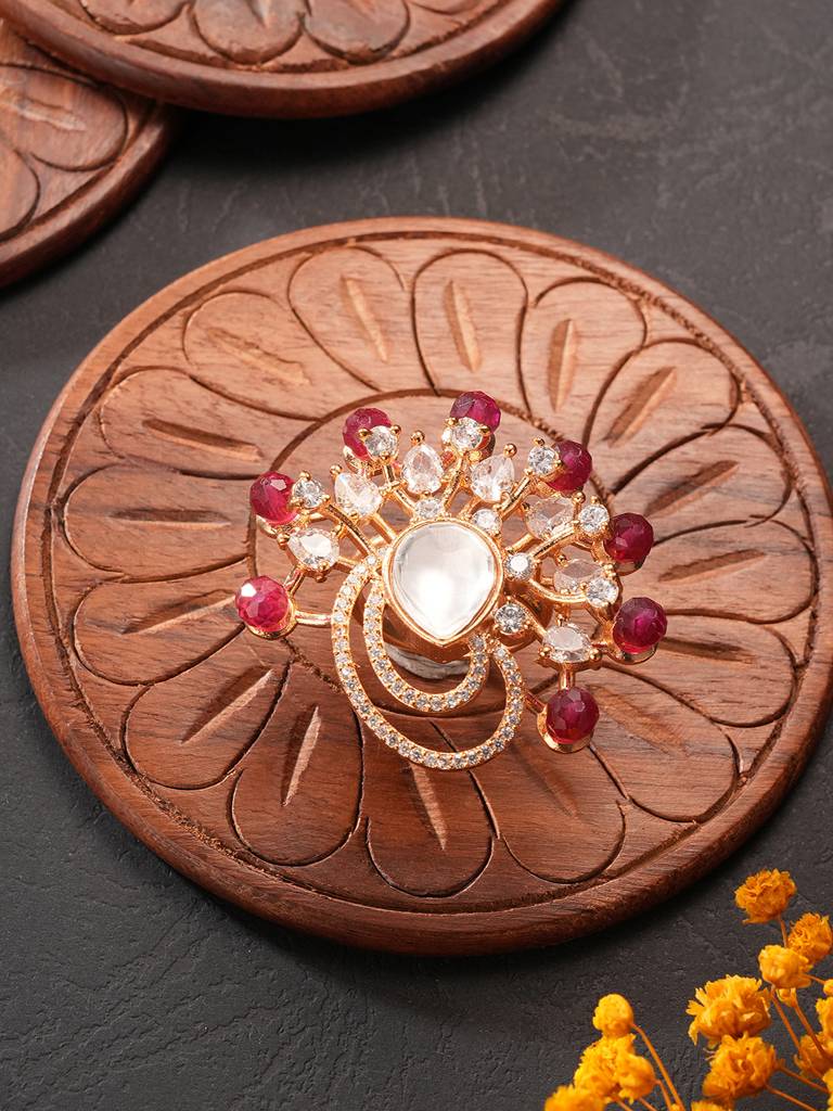 Gold Plated Kundan Red Beads Studded Floral Adjustable Cocktail Finger Ring : SJRG2859