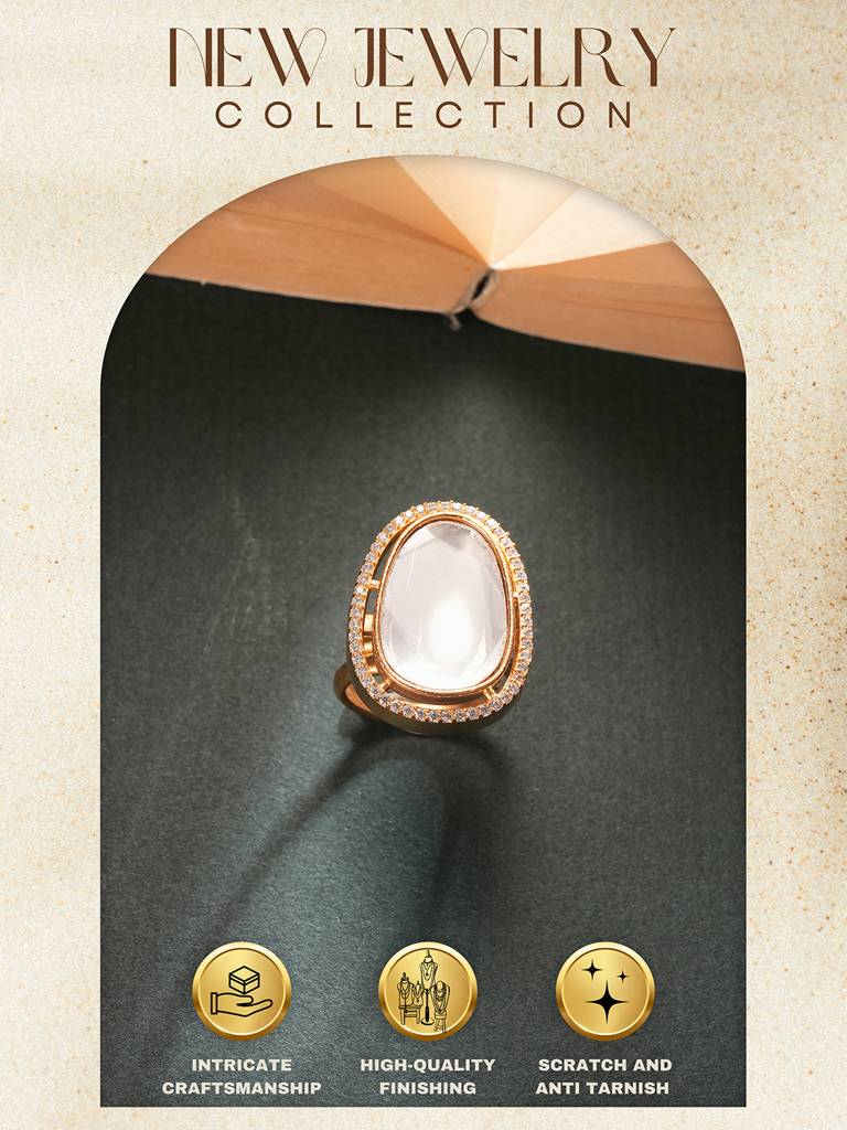 Gold Plated Kundan Mossanite Studded Minimal Bridal Handcrafted Adjustablle Finger Rings : SJRG2860