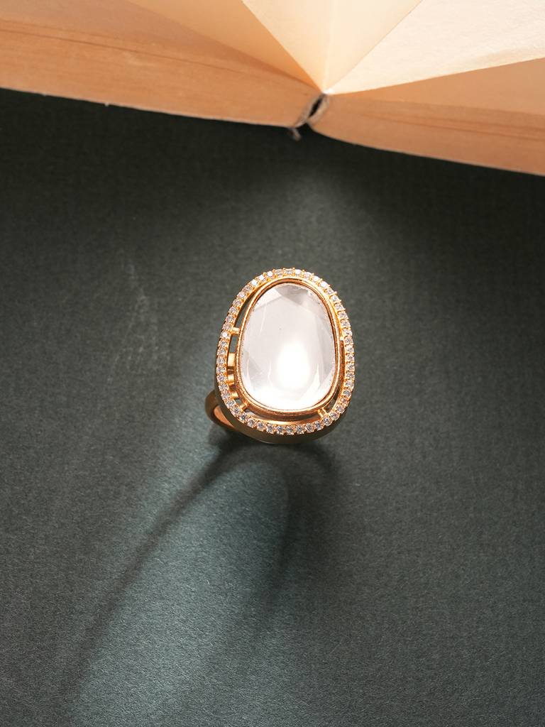 Gold Plated Kundan Mossanite Studded Minimal Bridal Handcrafted Adjustablle Finger Rings : SJRG2860