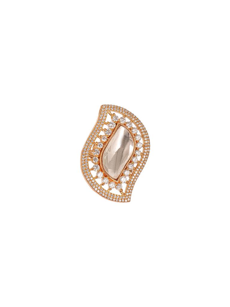 Gold Plated Uncut Kundan Polki Mossanite & Zircon Studded Luxe Quirky Adjustable Finger Ring : SJRG2861