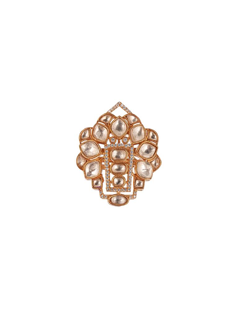 Gold Plated Uncut Polki Kundan Mossanite Studded Designer  Floral Adjustable Finger Ring : SJRG2862