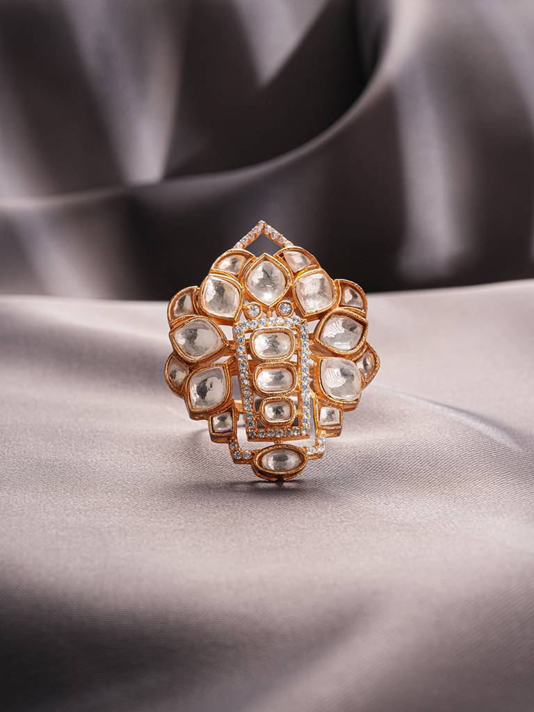 Gold Plated Uncut Polki Kundan Mossanite Studded Designer  Floral Adjustable Finger Ring : SJRG2862