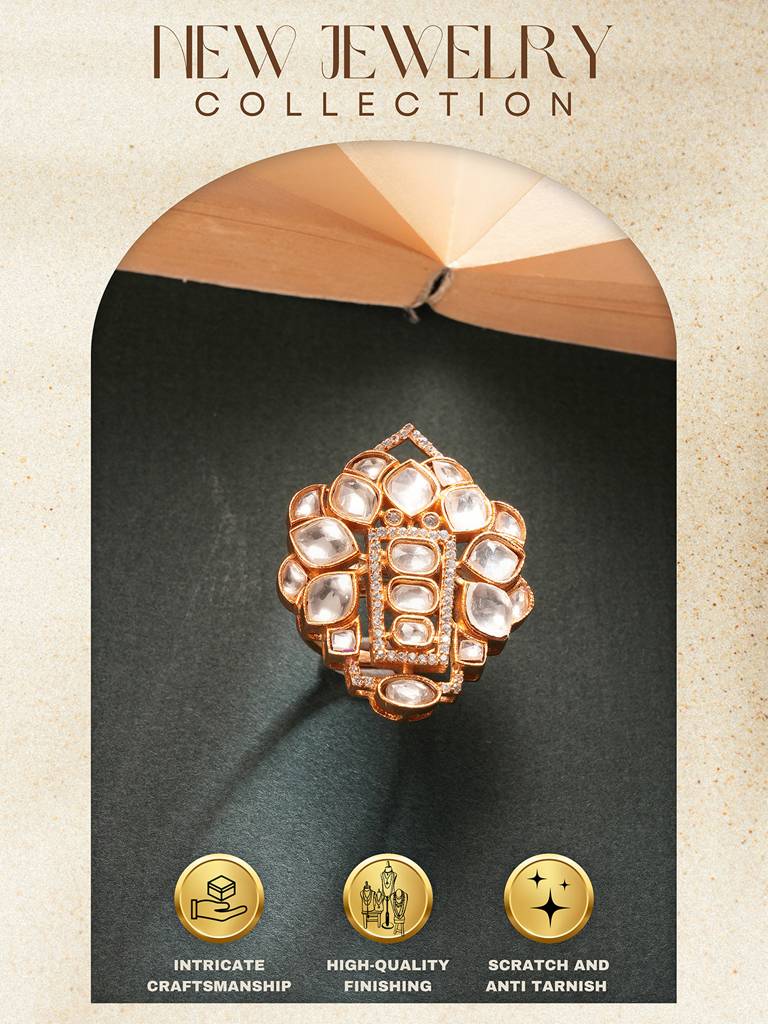 Gold Plated Uncut Kundan Polki Mossanite & Zircon Studded Luxe Quirky Adjustable Finger Ring : SJRG2861