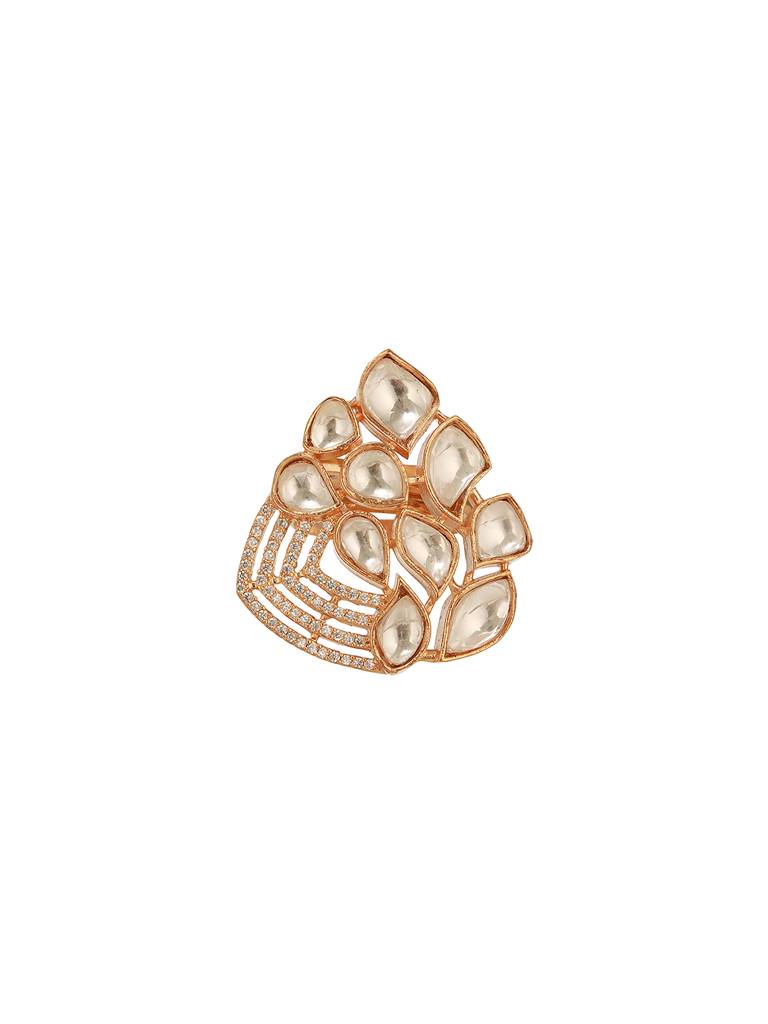 Gold Plated Uncut Polki Mossanite Kundan Studded Adjustable Cocktail Finger Ring : SJRG2863