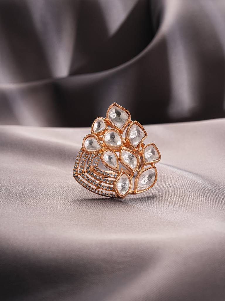 Gold Plated Uncut Polki Mossanite Kundan Studded Adjustable Cocktail Finger Ring : SJRG2863