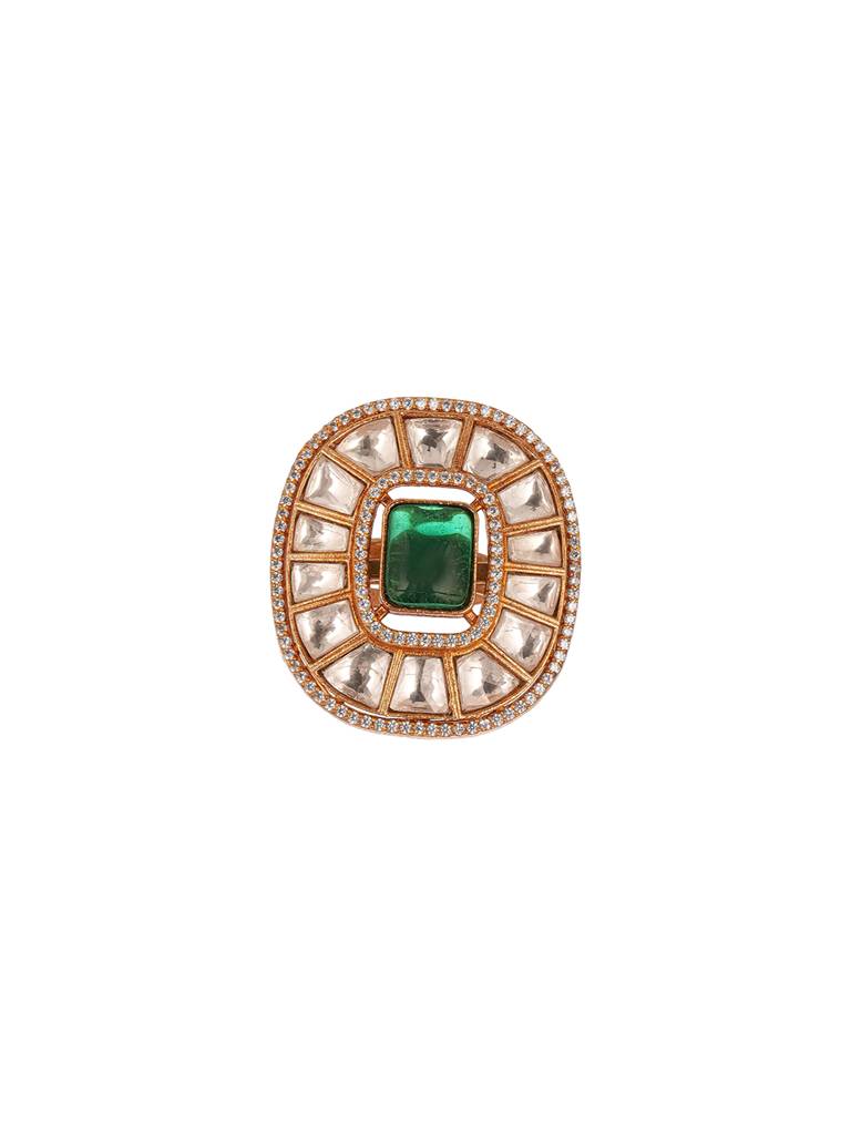 Gold Plated Green Emerald Kundan Studded Geometric Adjustable Cocktail Finger Ring : SJRG2864