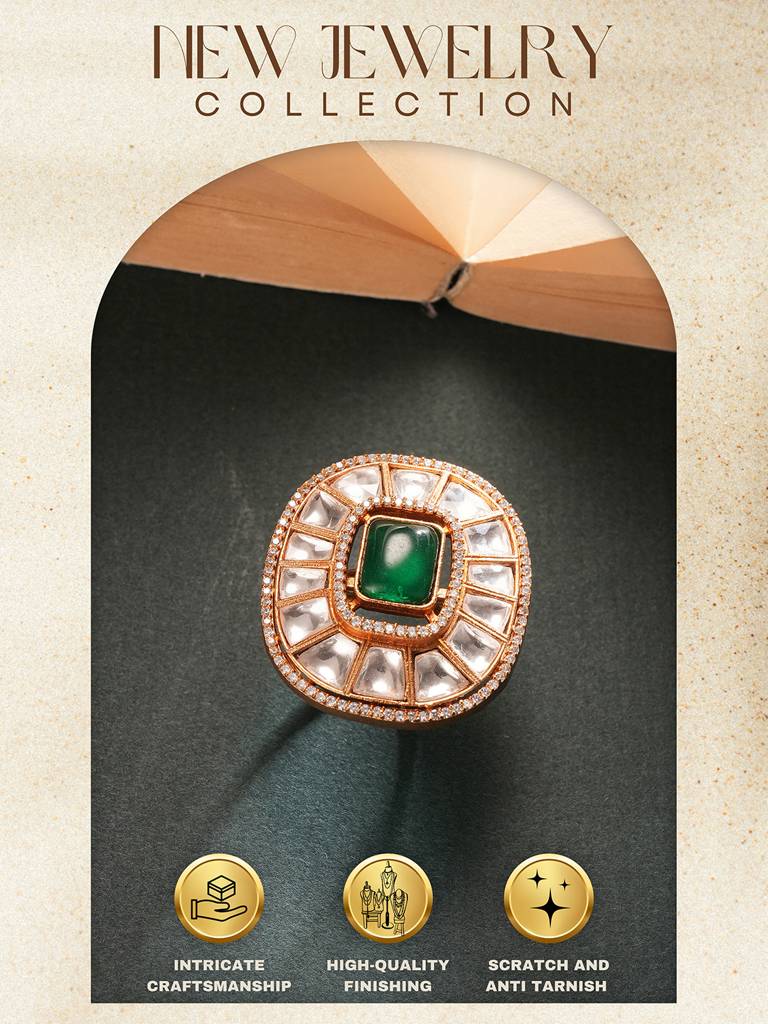 Gold Plated Green Emerald Kundan Studded Geometric Adjustable Cocktail Finger Ring : SJRG2864