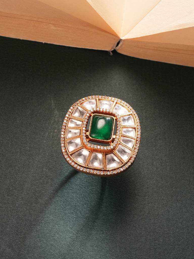 Gold Plated Green Emerald Kundan Studded Geometric Adjustable Cocktail Finger Ring : SJRG2864