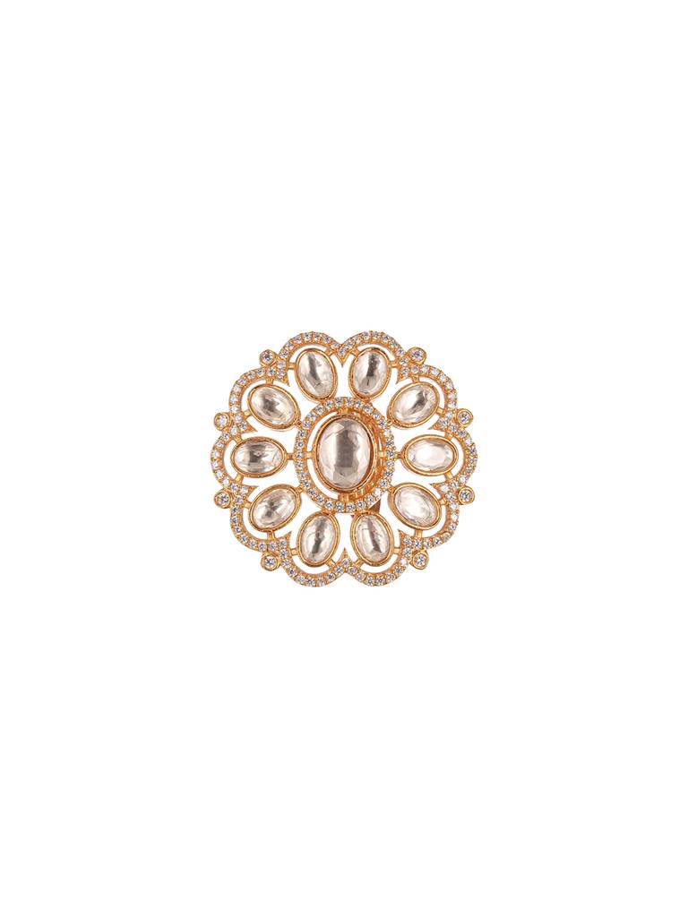 Gold Plated Kundan Mossanite Studded Floral Bridal Handcrafted Adjustable Finger Rings : SJRG2866