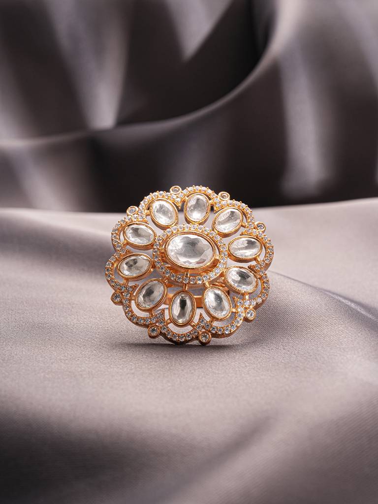 Gold Plated Kundan Mossanite Studded Floral Bridal Handcrafted Adjustable Finger Rings : SJRG2866