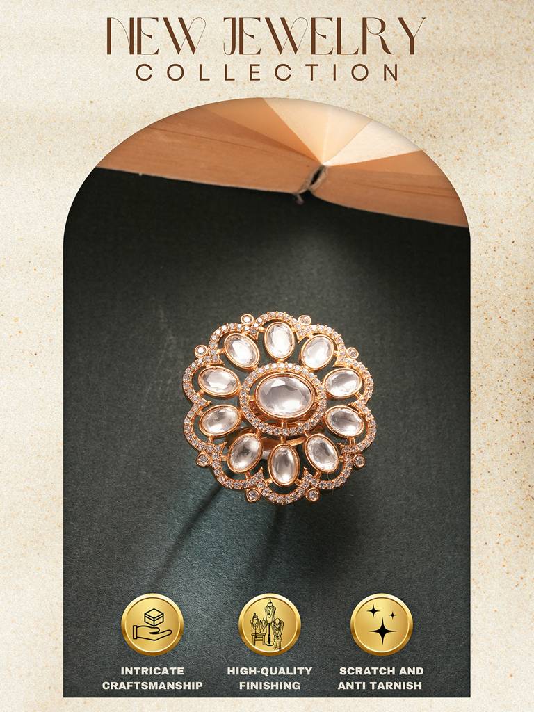 Gold Plated Kundan Mossanite Studded Floral Bridal Handcrafted Adjustable Finger Rings : SJRG2866