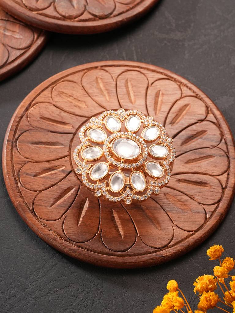 Gold Plated Kundan Mossanite Studded Floral Bridal Handcrafted Adjustable Finger Rings : SJRG2866