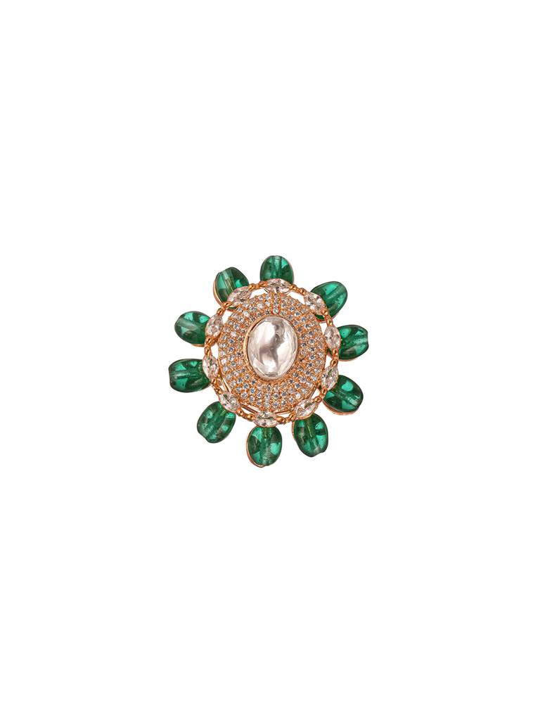 Gold Plated Kundan Mossanite Green Beads Studded Designer Adjustable Finger Rings : SJRG2868