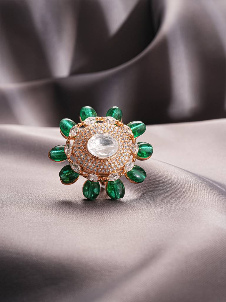 Gold Plated Kundan Mossanite Green Beads Studded Designer Adjustable Finger Rings : SJRG2868