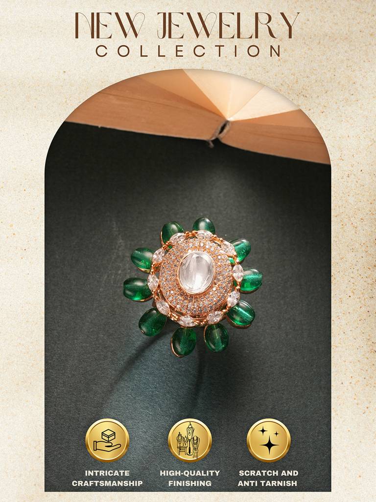 Gold Plated Kundan Mossanite Green Beads Studded Designer Adjustable Finger Rings : SJRG2868