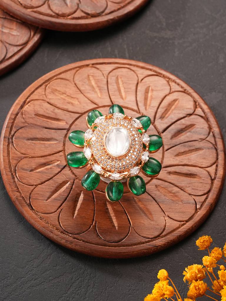 Gold Plated Kundan Mossanite Green Beads Studded Designer Adjustable Finger Rings : SJRG2868