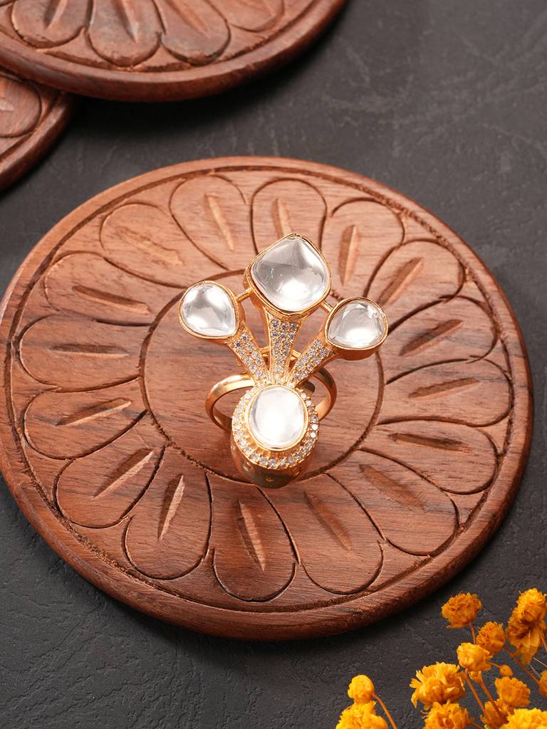 Antique Gold Plated Kundan Studded  Intricate Solitaire Finger Rings : SJRG2869