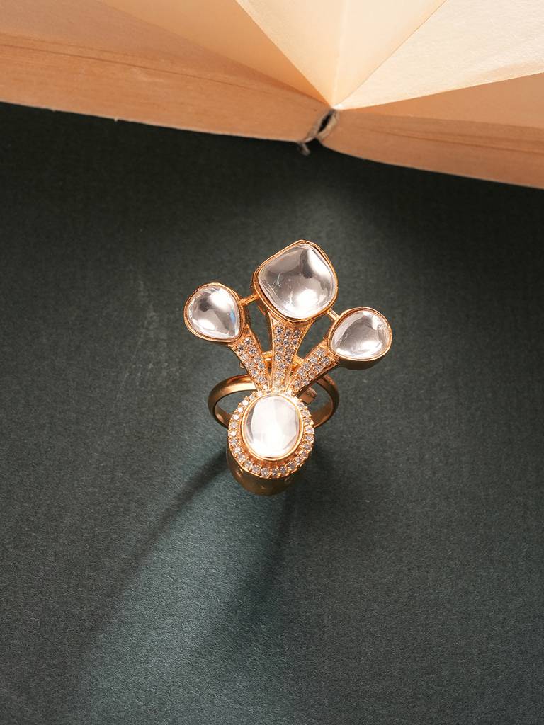 Antique Gold Plated Kundan Studded  Intricate Solitaire Finger Rings : SJRG2869