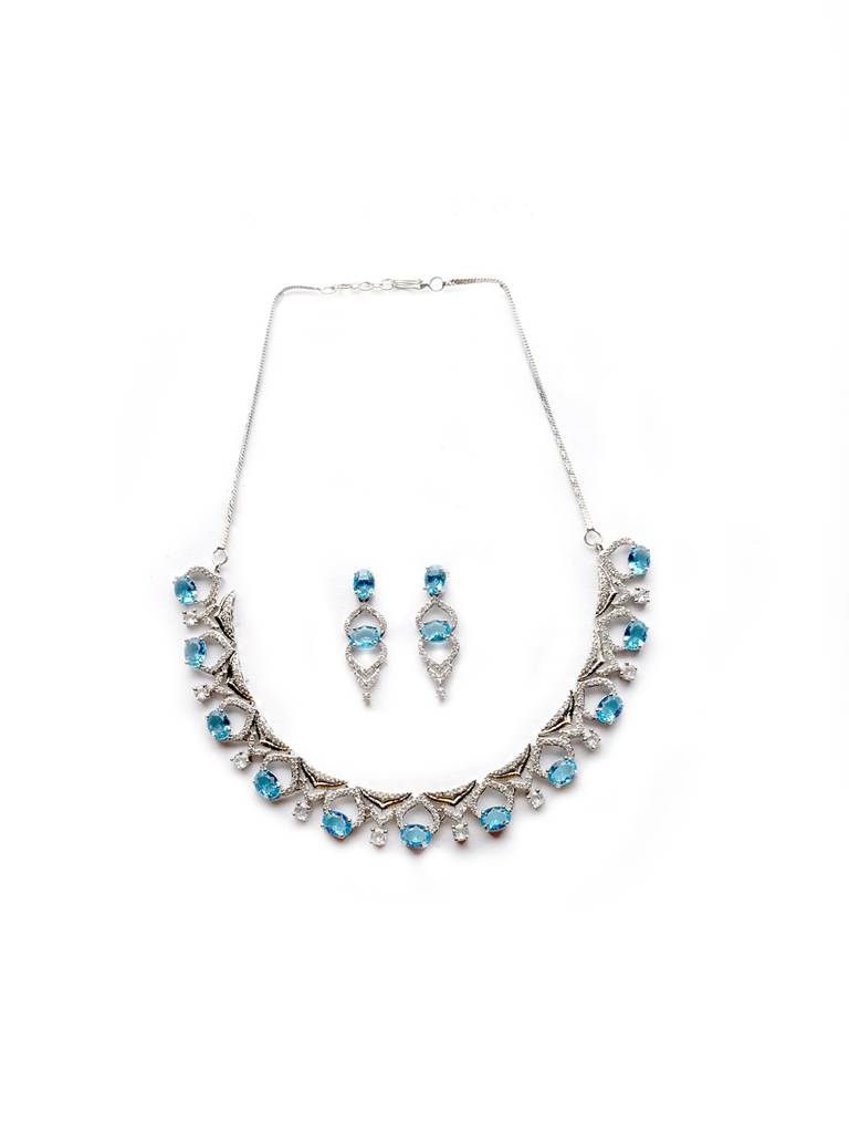 Silver-Plated Sleek Cut Work Cz Ad Necklace : AD126CRYSTALBLUEWHITE