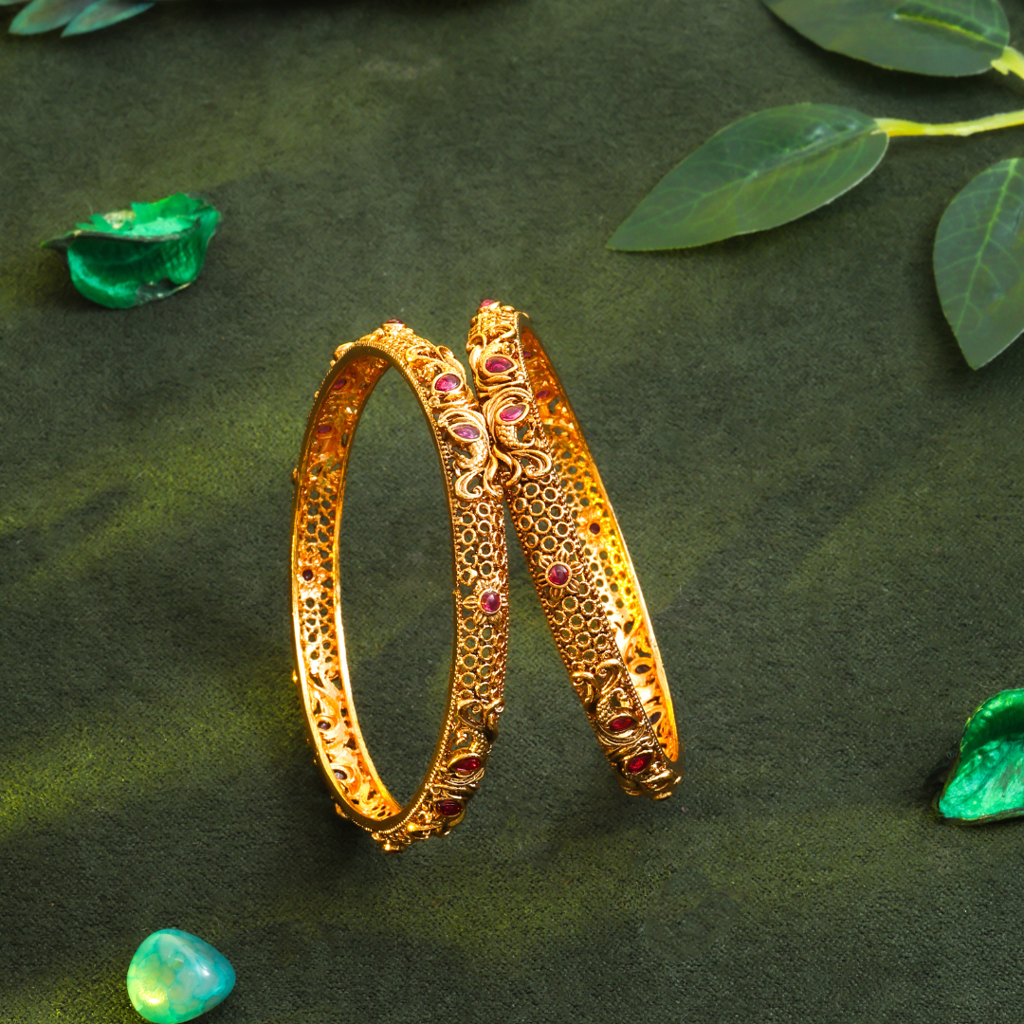 Goddess Laxmi Carved Temple Bangles | Premium Bridal Temple Jewellery : V-864PAIROF2