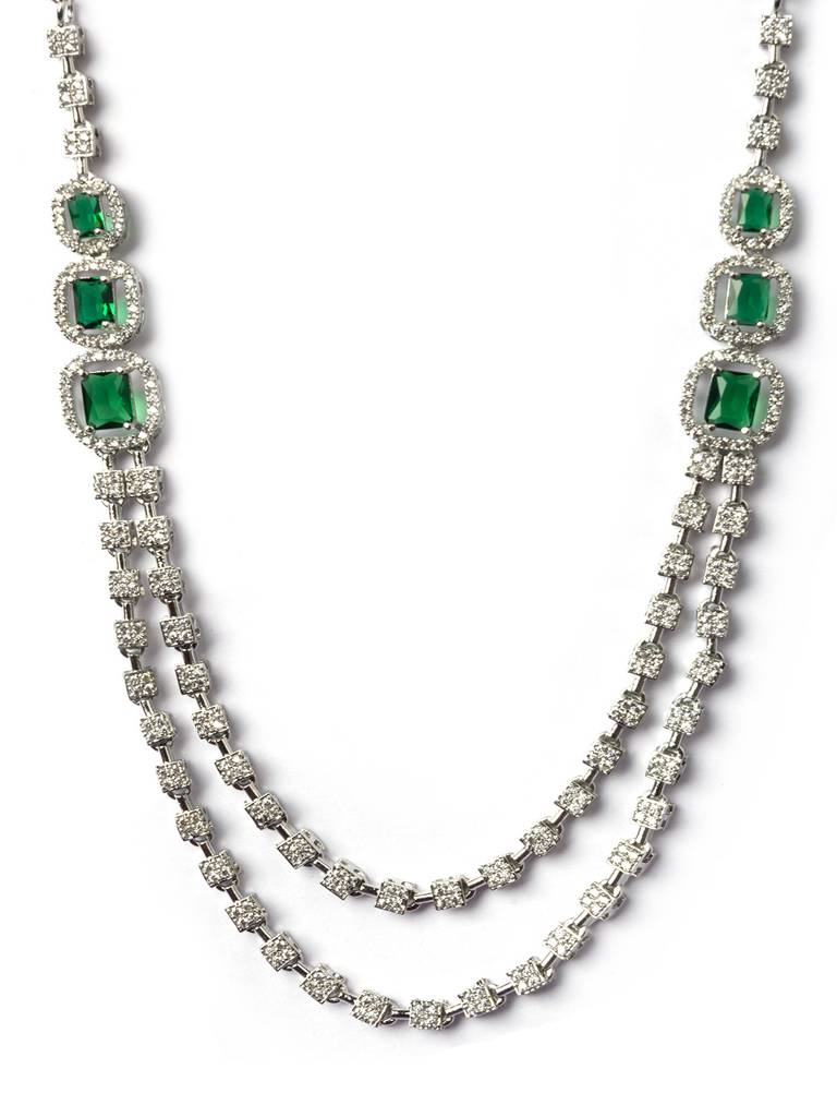 Silver-Plated American Diamond Studded Layered Jewellery Set : AD140GREEN