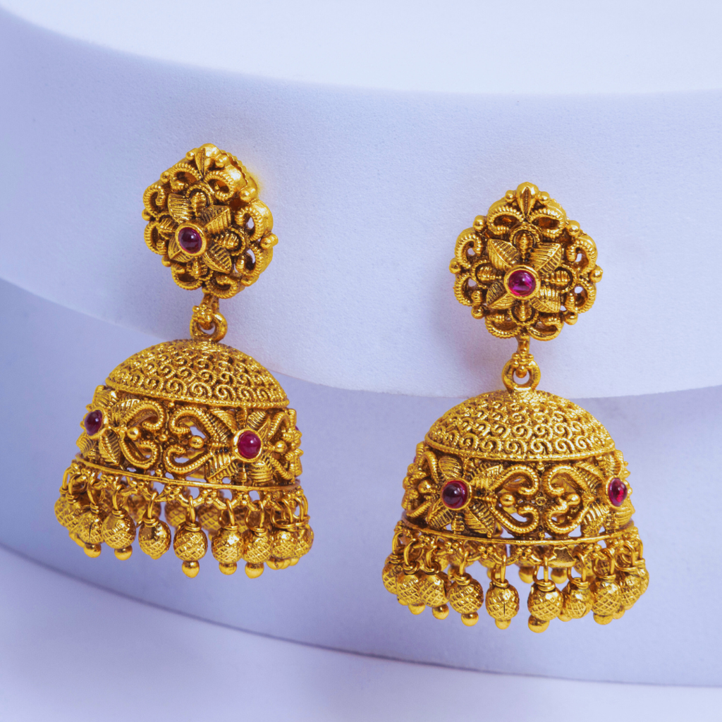 South Indian Temple Jewellery Antique Gold Bridal Jhumka Earrings : R-859