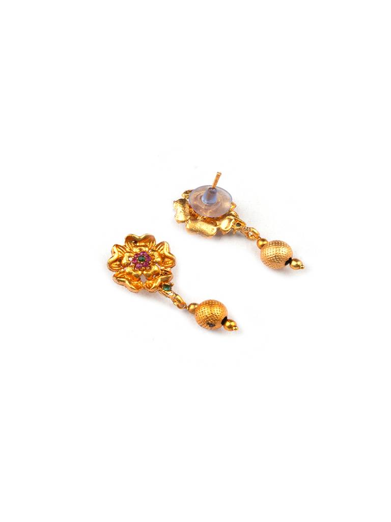 Gold Plated Multilayer Brass Mala Necklace Set With Flower Earrings : MalaMulti01