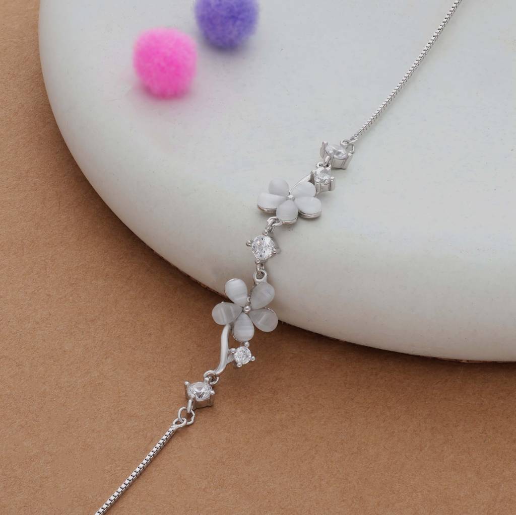 Twin Bloom Zircon Stone 925 Silver Bracelet : BR-MB-RH-U-127-S