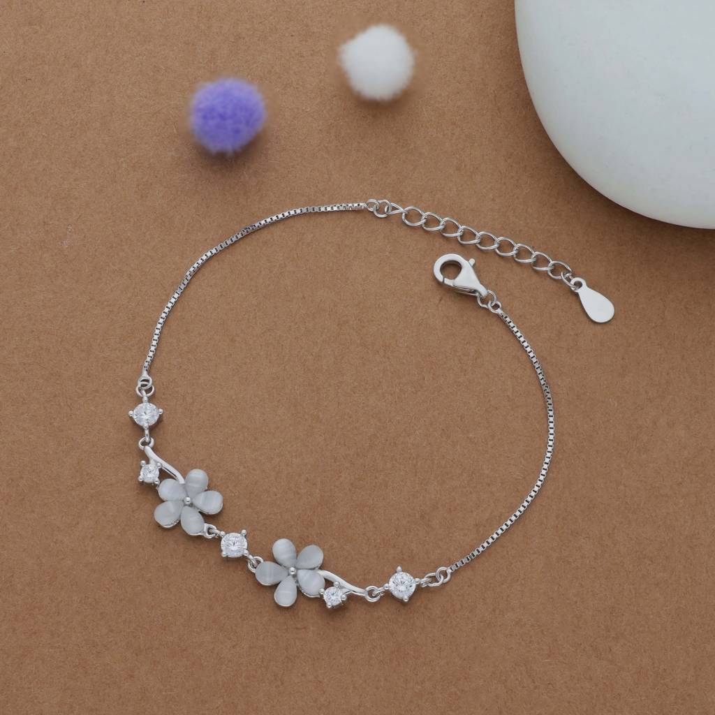 Twin Bloom Zircon Stone 925 Silver Bracelet : BR-MB-RH-U-127-S