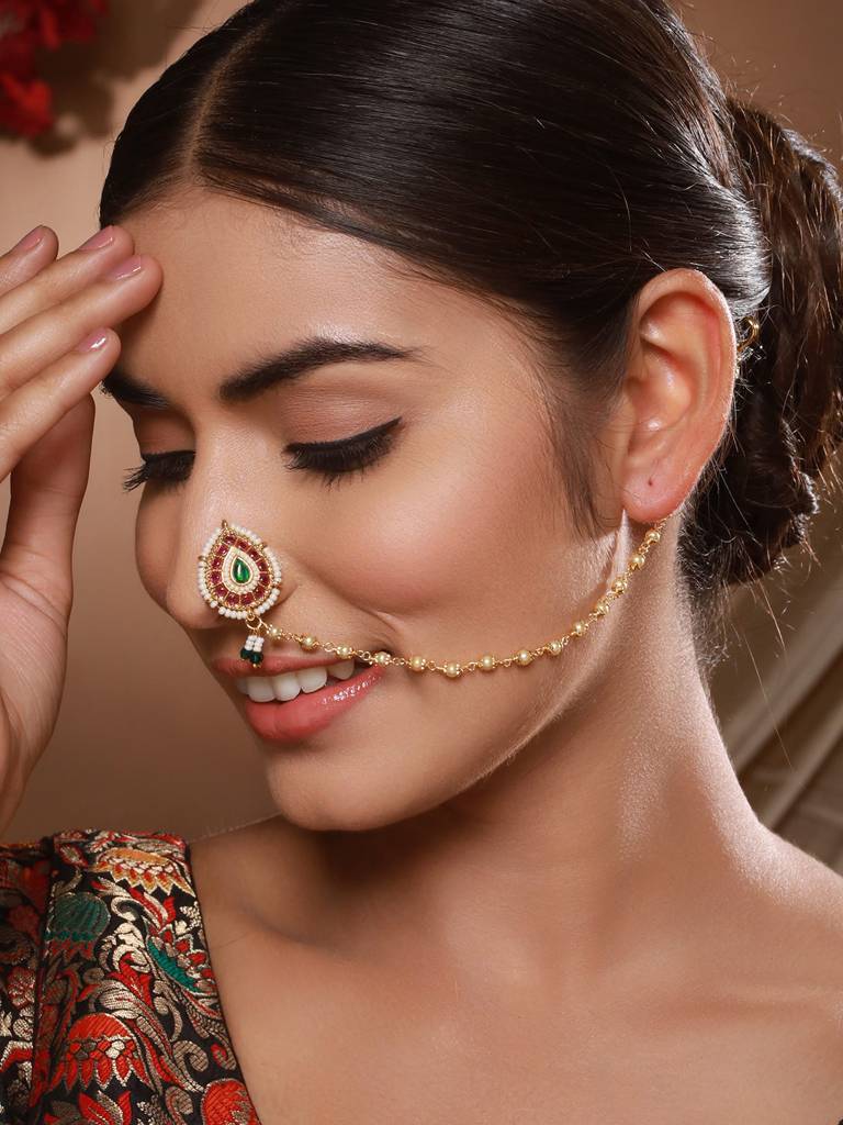 Green & White Gold-Plated Kundan Chained Nosepin With Chain : NTH-JS24-90025