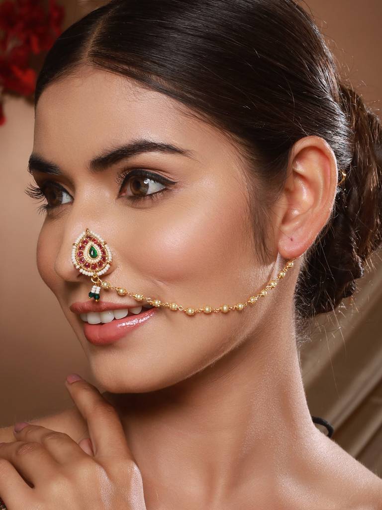 Green & White Gold-Plated Kundan Chained Nosepin With Chain : NTH-JS24-90025