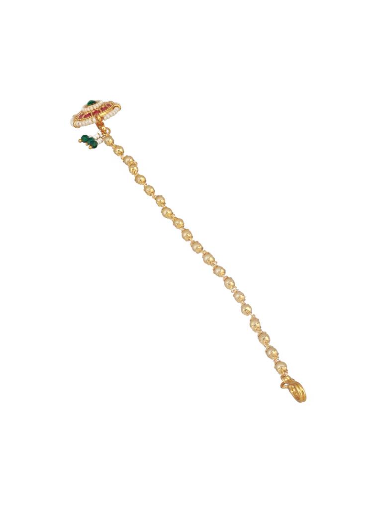 Green & White Gold-Plated Kundan Chained Nosepin With Chain : NTH-JS24-90025