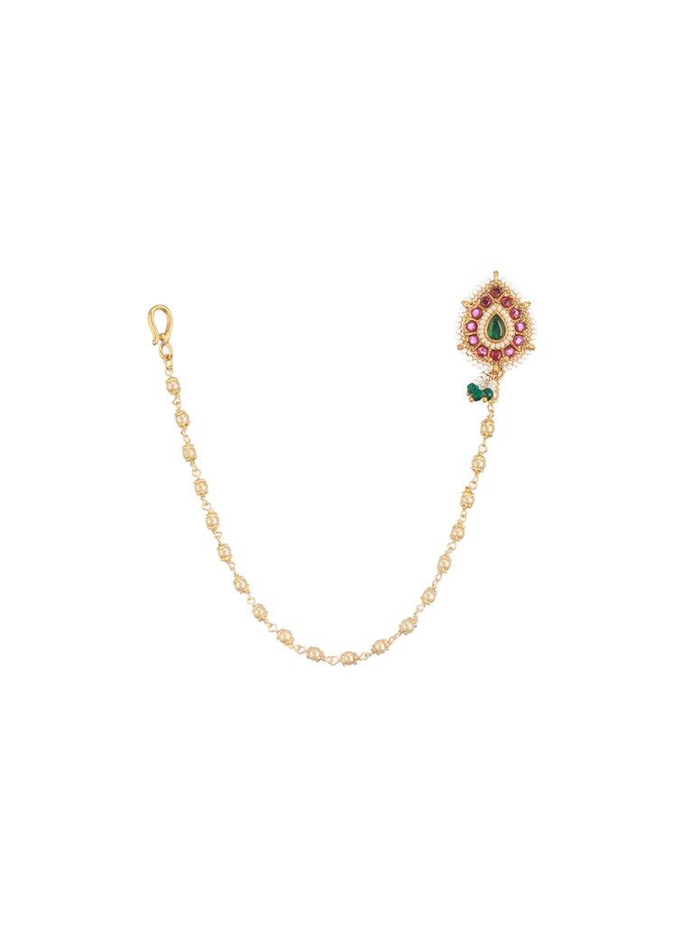 Green & White Gold-Plated Kundan Chained Nosepin With Chain : NTH-JS24-90025
