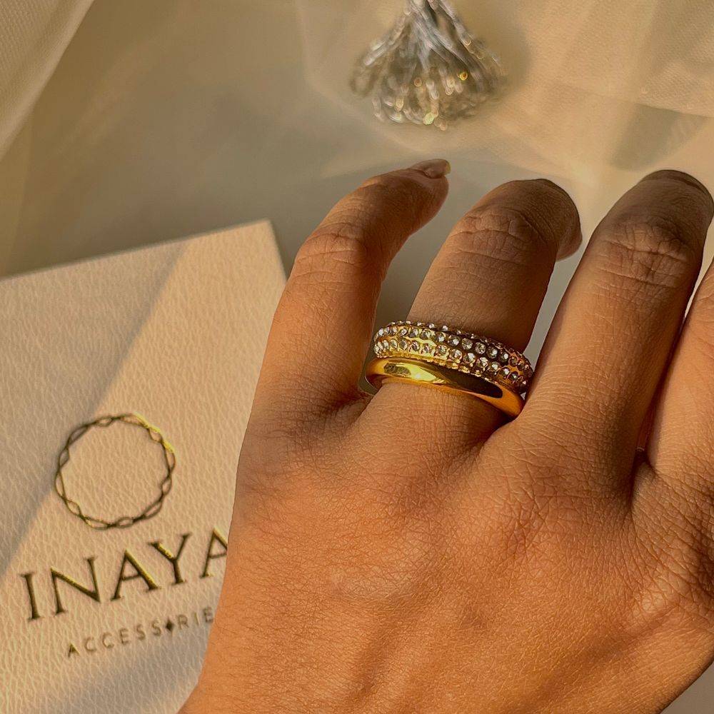 18Kt Gold Plated Double Chunky Zircon Studded Ring, Faye : INFAYE
