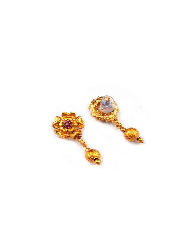 Gold Plated Multilayer Brass Mala Necklace Set With Flower Earrings : MalaRed01